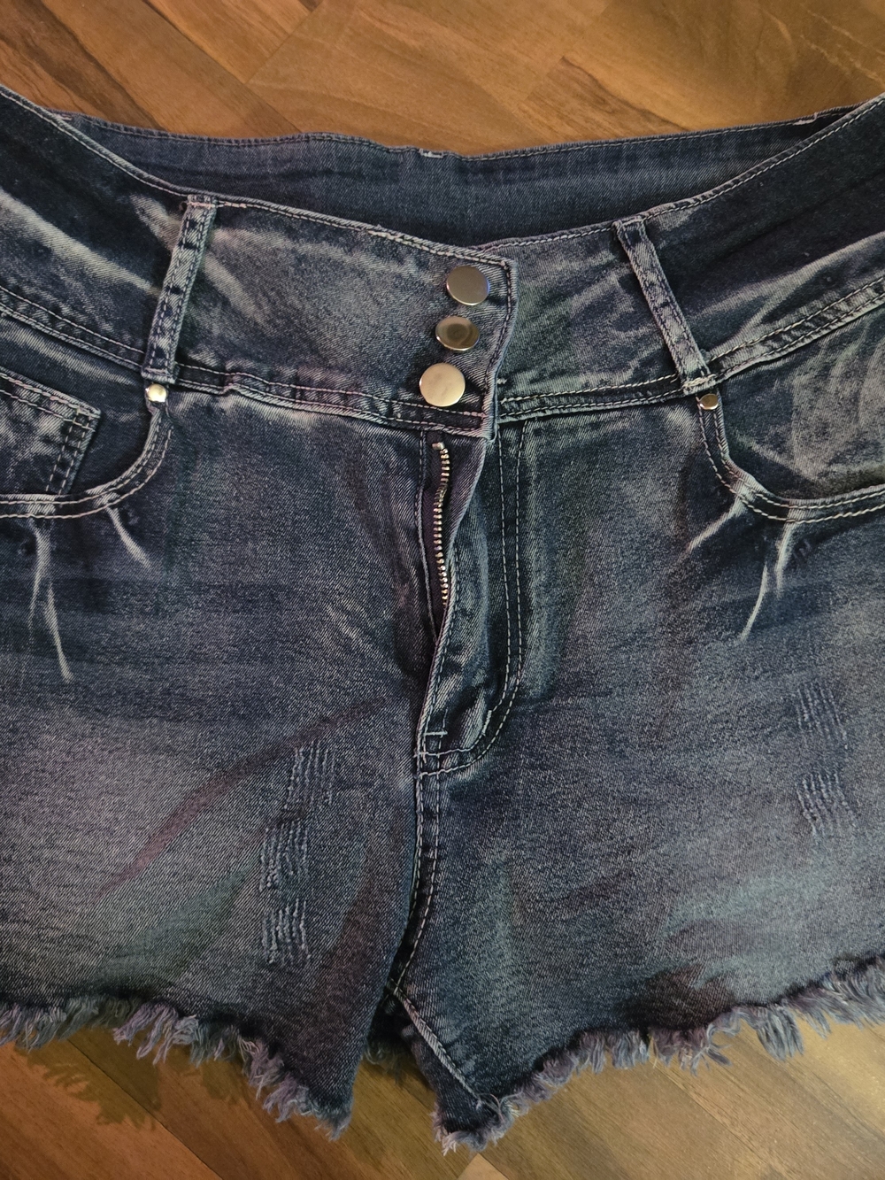 High-Rise Dark Blue Denim Shorts with Frayed Hem